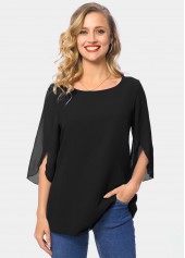 3/4 Sleeve Round Neck Chiffon Solid Blouse 