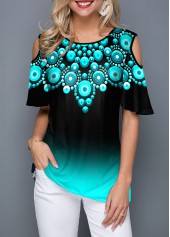Half Sleeve Tribal Print Cold Shoulder T Shirt
