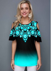 Half Sleeve Tribal Print Cold Shoulder T Shirt