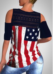 American Flag Print Lace Stitching Cold Shoulder T Shirt
