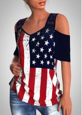 American Flag Print Lace Stitching Cold Shoulder T Shirt