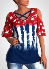 Cross Strap Cold Shoulder American Flag Print T Shirt