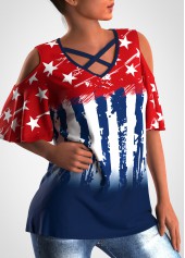 Cross Strap Cold Shoulder American Flag Print T Shirt