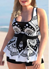 Mesh Stitching Tribal Print Plus Size Tankini Set