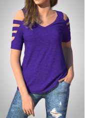 Solid Ladder Cutout Sleeve V Neck T Shirt