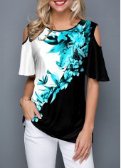 Cold Shoulder Color Block Plant Print T Shirt