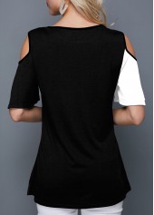 Cold Shoulder Color Block Plant Print T Shirt