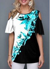 Cold Shoulder Color Block Plant Print T Shirt