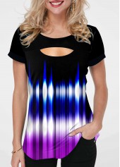 Short Sleeve Colorful Cutout Neck T Shirt