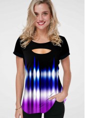 Short Sleeve Colorful Cutout Neck T Shirt