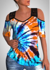 Half Sleeve Tie Dye Print Lace Stitching T Shirt