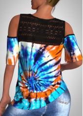 Half Sleeve Tie Dye Print Lace Stitching T Shirt