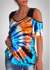 Half Sleeve Tie Dye Print Lace Stitching T Shirt