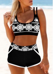High Waist Tribal Print Double Straps Bikini Set