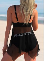 Asymmetric Hem Printed Mesh Stitching Swimdress and Panty