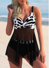 Asymmetric Hem Printed Mesh Stitching Swimdress and Panty