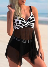 Asymmetric Hem Printed Mesh Stitching Swimdress and Panty