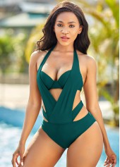 Dark Green Halter Neck Pierced One Piece Swimwear