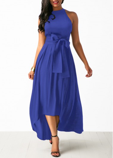 Rosewe Women&apos;S Royal Blue Belted Asymmetric Hem Maxi Two Piece Cocktail Party Dress Solid Color Mock Neck Three Quarter Sleeve High Waisted Dress
