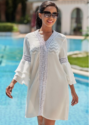 Rosewe Women Beach Cover Ups White Bikini Cover Up V Neck Flare Sleeve Swim Cover Ups Solid Color Swimsuit Cover Ups - S