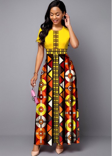 Rosewe Women Yellow Bohemian Print Short Sleeve Maxi Dress Round Neck Tribal Printed Vintage Cocktail Party Dress - XXL