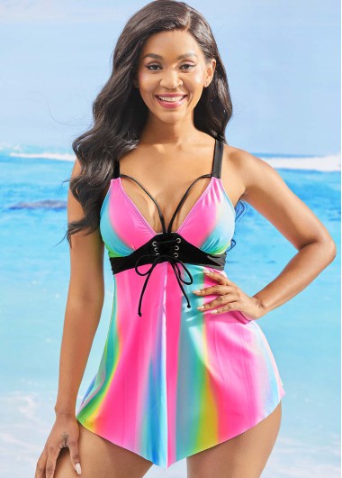 Rosewe Asymmetric Hem Rainbow Color Printed Swimdress Top - L