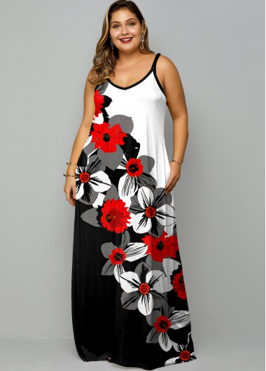 Rosewe Floral Print Spaghetti Strap Plus Size Maxi Dress - 3X