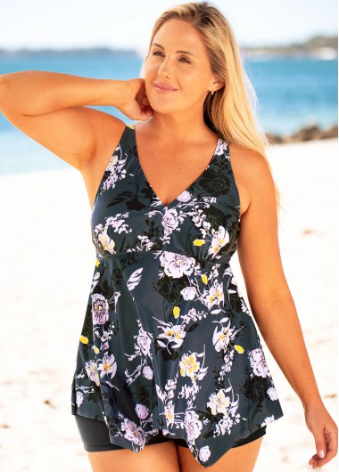 Rosewe Plus Size Floral Print Asymmetric Hem Swimdress and Shorts - 4X