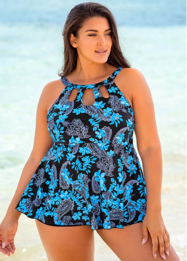 Rosewe Plus Size Cage Neck Paisley Print Tankini Set - 3X