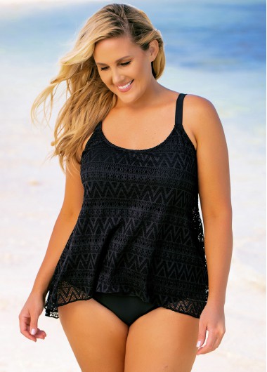 Rosewe Plus Size Pierced Lace Solid Tankini Set - 2X