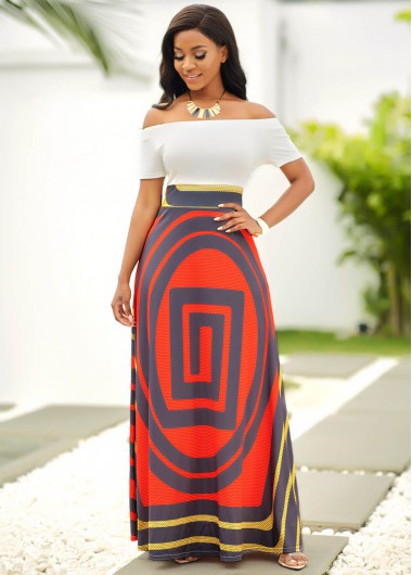 Rosewe Cocktail Party Dress Geometric Print Off Shoulder Short Sleeve Dress - XXL