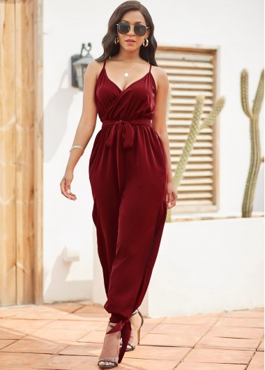Rosewe Slit Leg Belted Spaghetti Strap Jumpsuit - XL