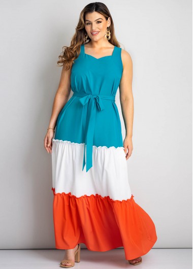 Rosewe Belted Color Block Plus Size Maxi Dress - 2X