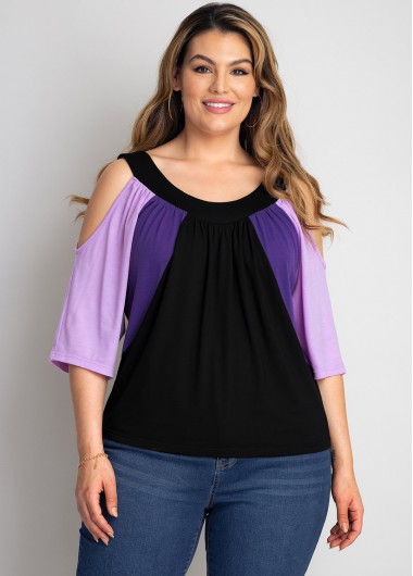 Rosewe Cold Shoulder Plus Size Contrast T Shirt - 3X