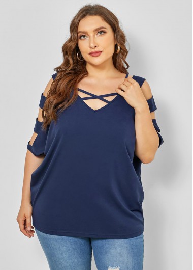 Rosewe Cross Strap Plus Size Ladder Cutout T Shirt - 2X