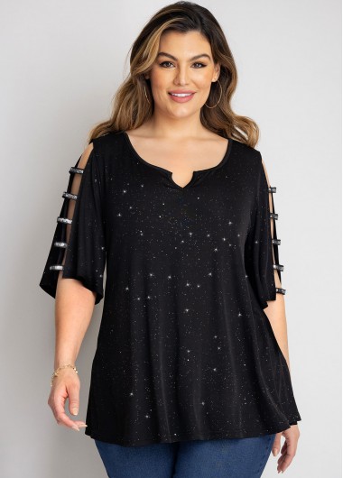 Rosewe Split Neck Plus Size Ladder Cutout T Shirt - 3X