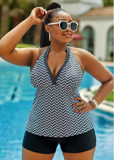 Rosewe High Waisted Lace Up Plus Size Geometric Tankini Set - 1X