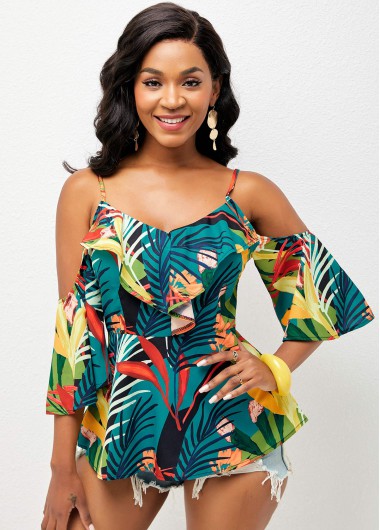 Rosewe 3/4 Sleeve Cold Shoulder Tropical Print Blouse - XL
