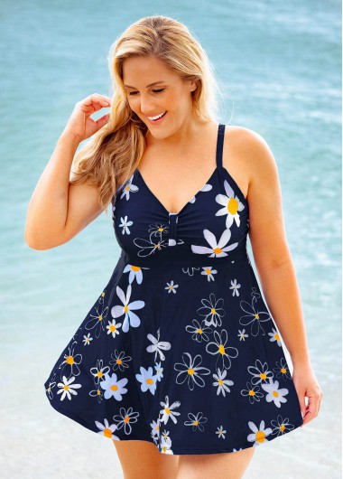 Rosewe Plus Size Floral Print Spaghetti Strap Swimdress and Panty - 2X
