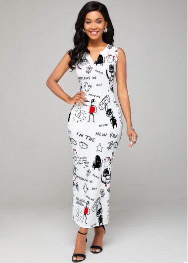 Rosewe Cocktail Party Dress Sleeveless Illustration Print Split Neck Dress - XXL