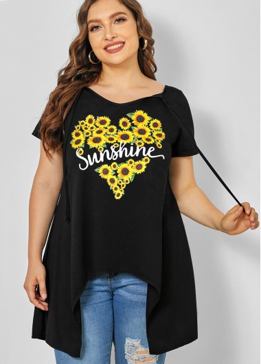 Rosewe Asymmetric Hem Sunflower Print Plus Size T Shirt - 3X