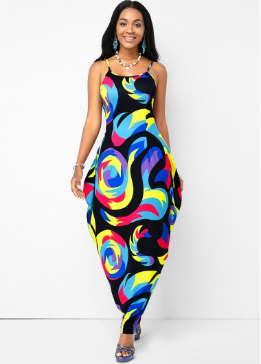 Rosewe Cocktail Party Dress Abstract Print Spaghetti Strap Maxi Dress - L