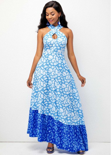 Rosewe Wedding Guest Dress Asymmetric Hem Geometric Print Cross Strap Dress - XL