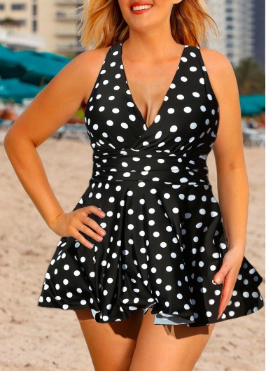 Rosewe Polka Dot Cross Strap Plus Size Swimdress and Shorts - 2X