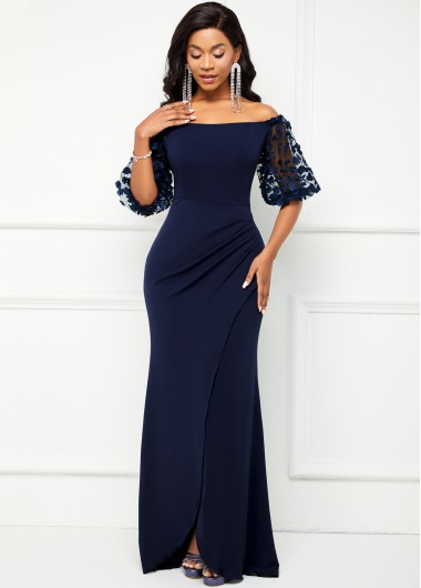 Rosewe Cocktail Party Dress 3/4 Sleeve Off Shoulder Lace Stitching Dress - L