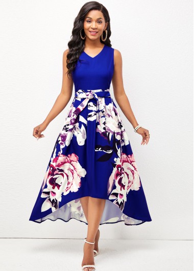 Rosewe Cocktail Party Dress Floral Print V Neck Dip Hem Dress - S