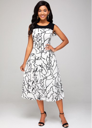 Rosewe Cocktail Party Dress Printed Sleeveless Contrast Round Neck Dress - M