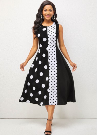 Rosewe Skater Dresses Fabric Stitching Polka Dot Short Sleeve Dress - S