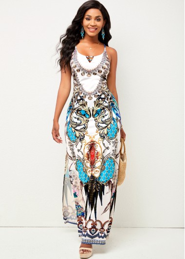 Rosewe Cocktail Party Dress Sleeveless Cross Strap Tribal Print Dress - XXL