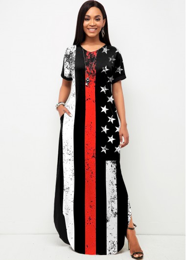 Rosewe Cocktail Party Dress Side Slit American Flag Print Short Sleeve Dress - M